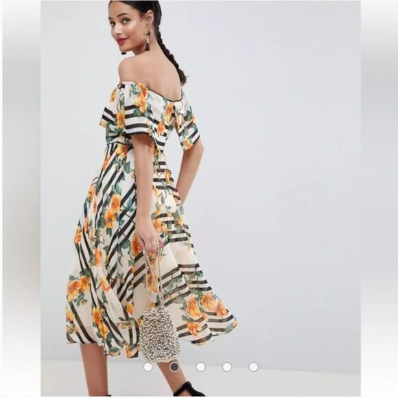 NWT ASOS Bandeau Midi Dress White Black Stripe Orange Floral Off Shoulder Size 4 - Picture 3 of 13